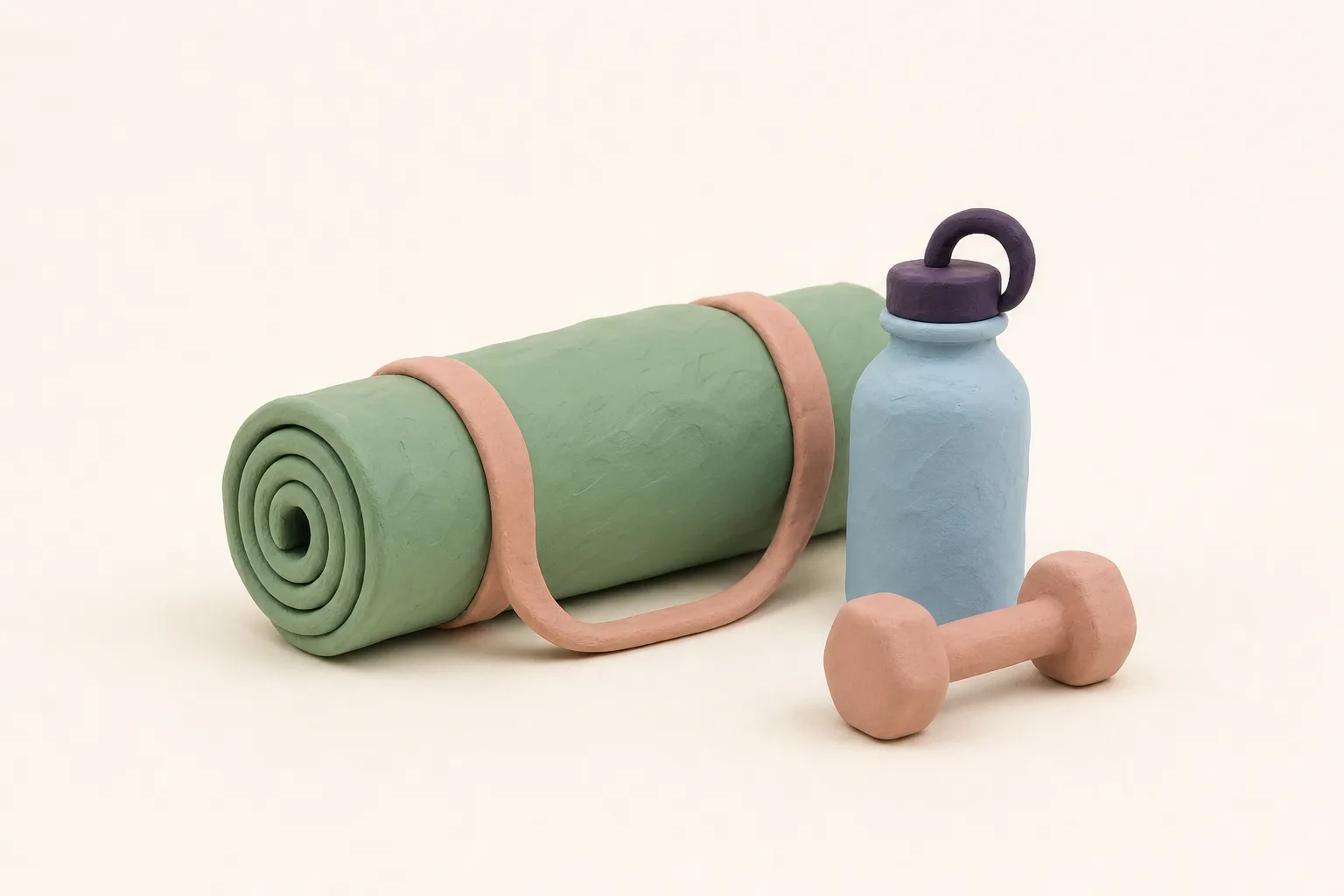 Klei-illustratie van een opgerolde yogamat met een bidon en een klein gewichtje