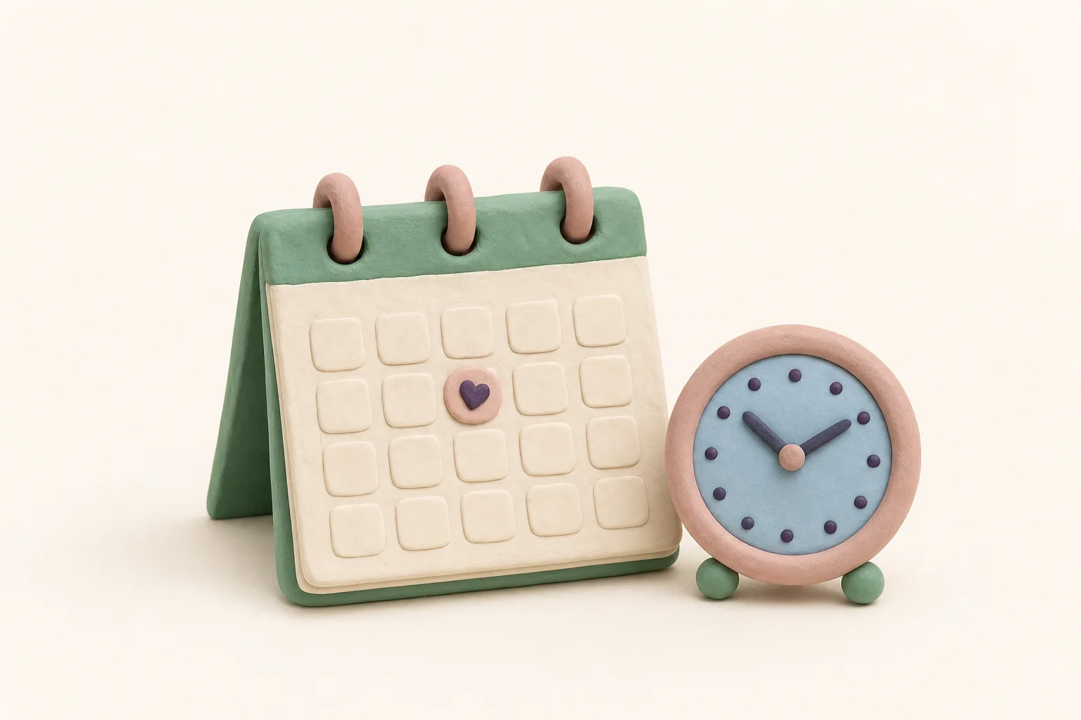 Klei-illustratie van een bureaukalender met een gemarkeerde dag en een klokje ernaast