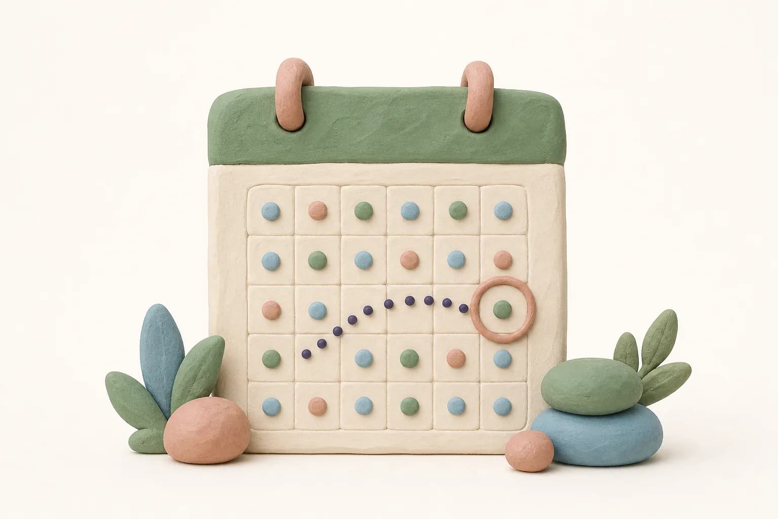 Klei-illustratie van een kalender met een spoor stipjes naar een omcirkelde dag