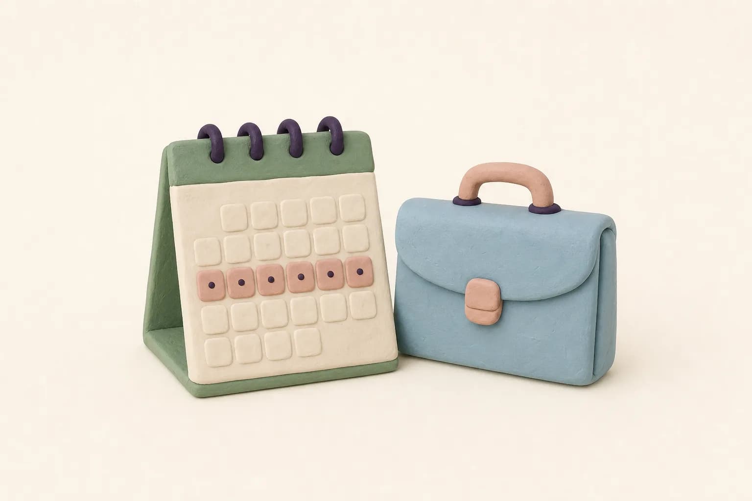 Klei-illustratie van een kalender met een gemarkeerde reeks dagen en een aktetas ernaast