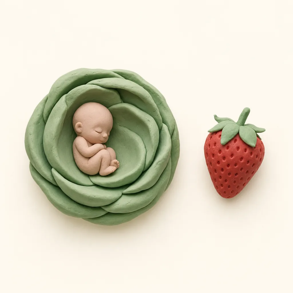 Klei-illustratie van een baby van 10 weken, opgekruld in een zachte groene omhulling, met een aardbei ernaast als groottevergelijking.