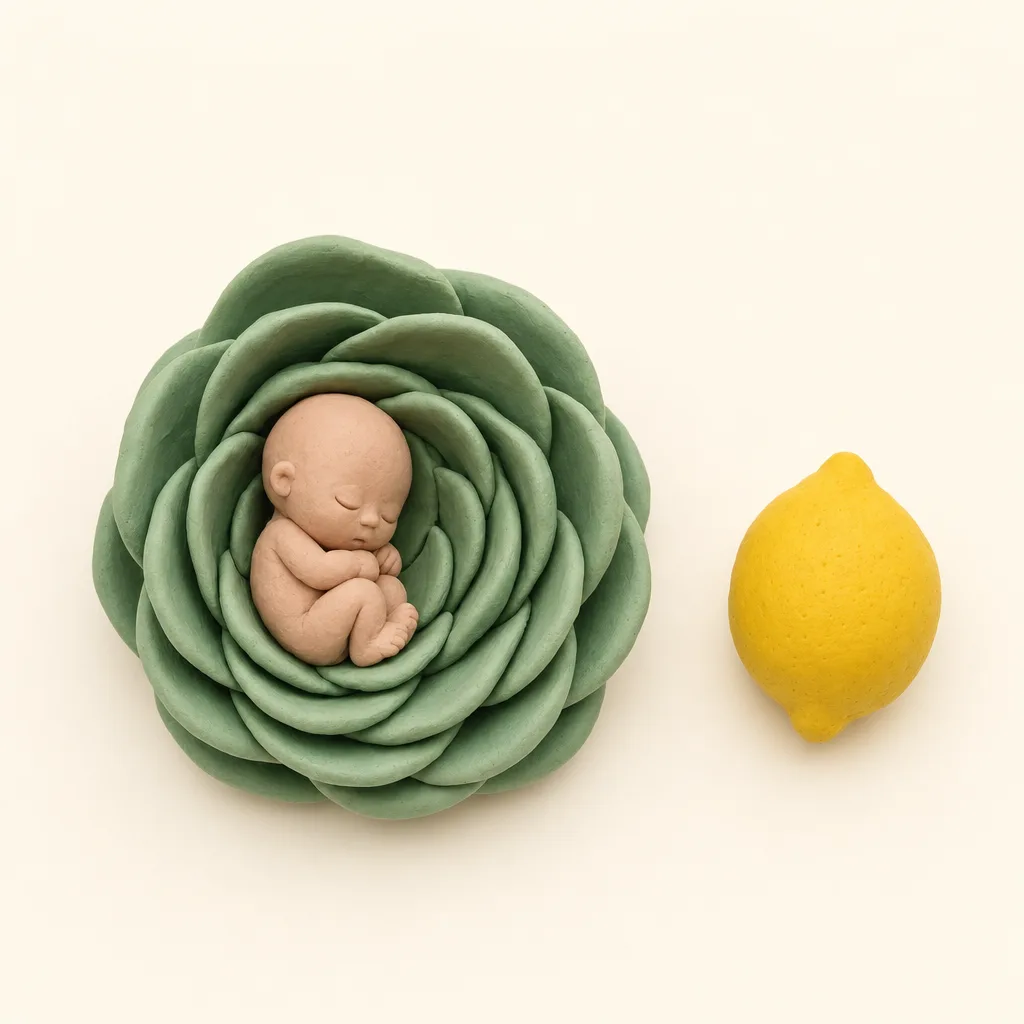 Klei-illustratie van een baby van 13 weken, opgekruld in een zachte groene omhulling, met een citroen ernaast als groottevergelijking.