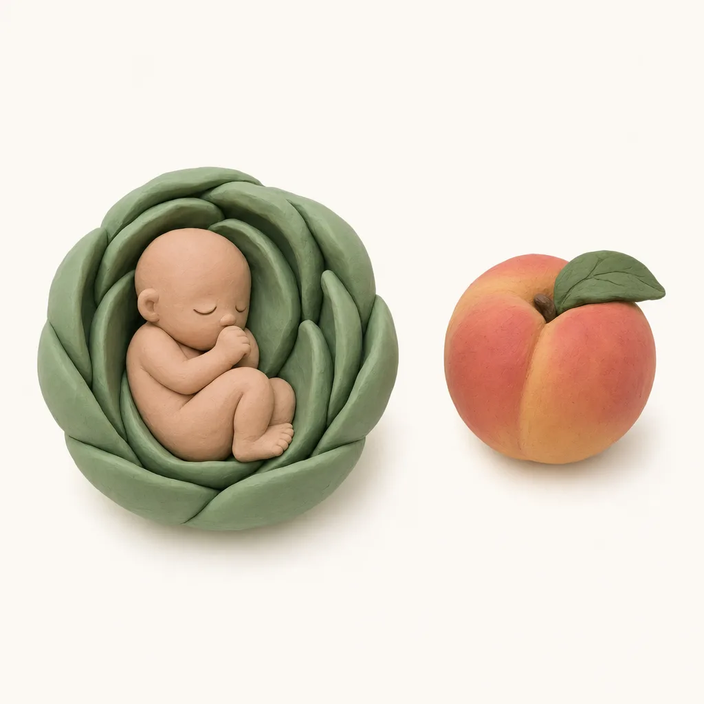 Klei-illustratie van een baby van 14 weken, opgekruld in een zachte groene omhulling, met een perzik ernaast als groottevergelijking.