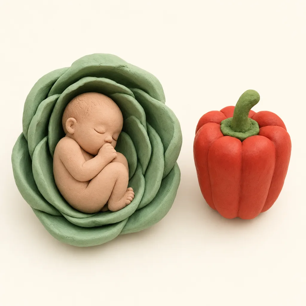 Klei-illustratie van een baby van 18 weken, opgekruld in een zachte groene omhulling, met een paprika ernaast als groottevergelijking.