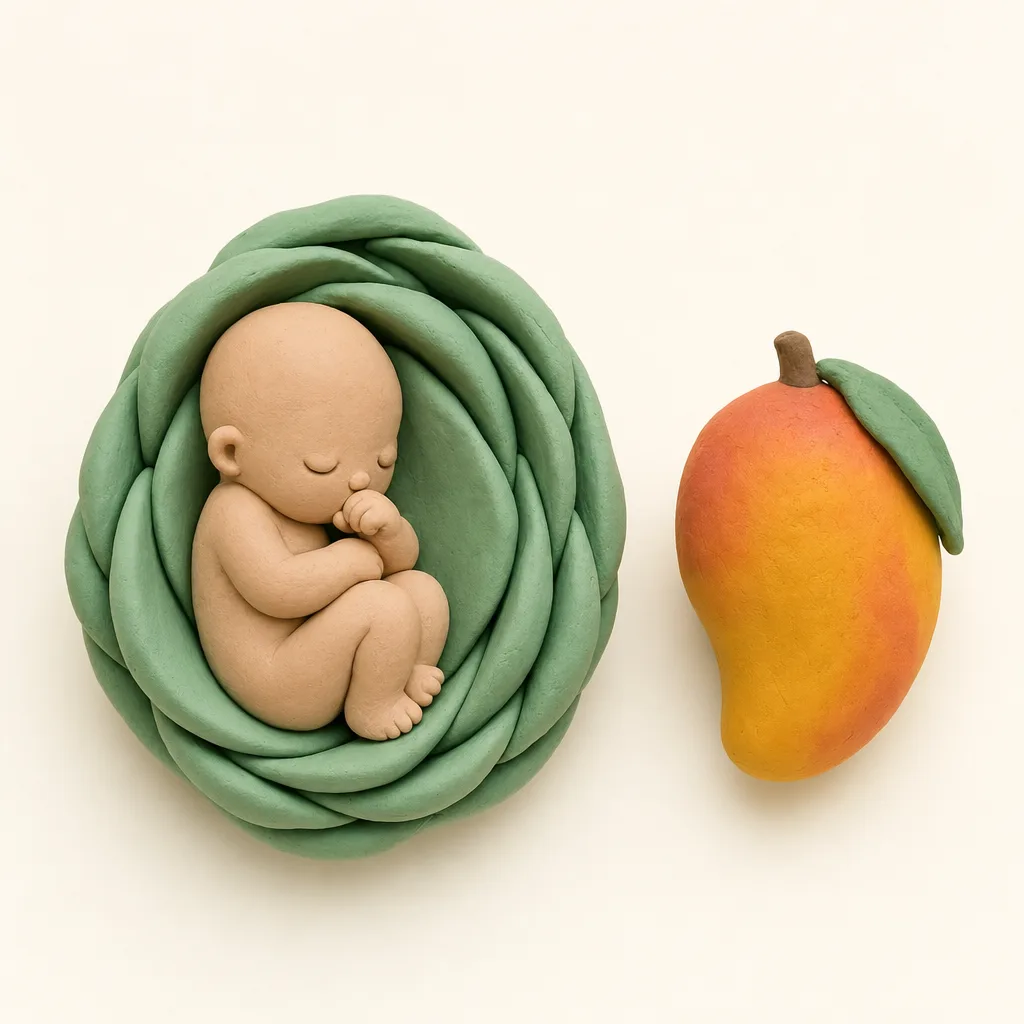 Klei-illustratie van een baby van 19 weken, opgekruld in een zachte groene omhulling, met een mango ernaast als groottevergelijking.