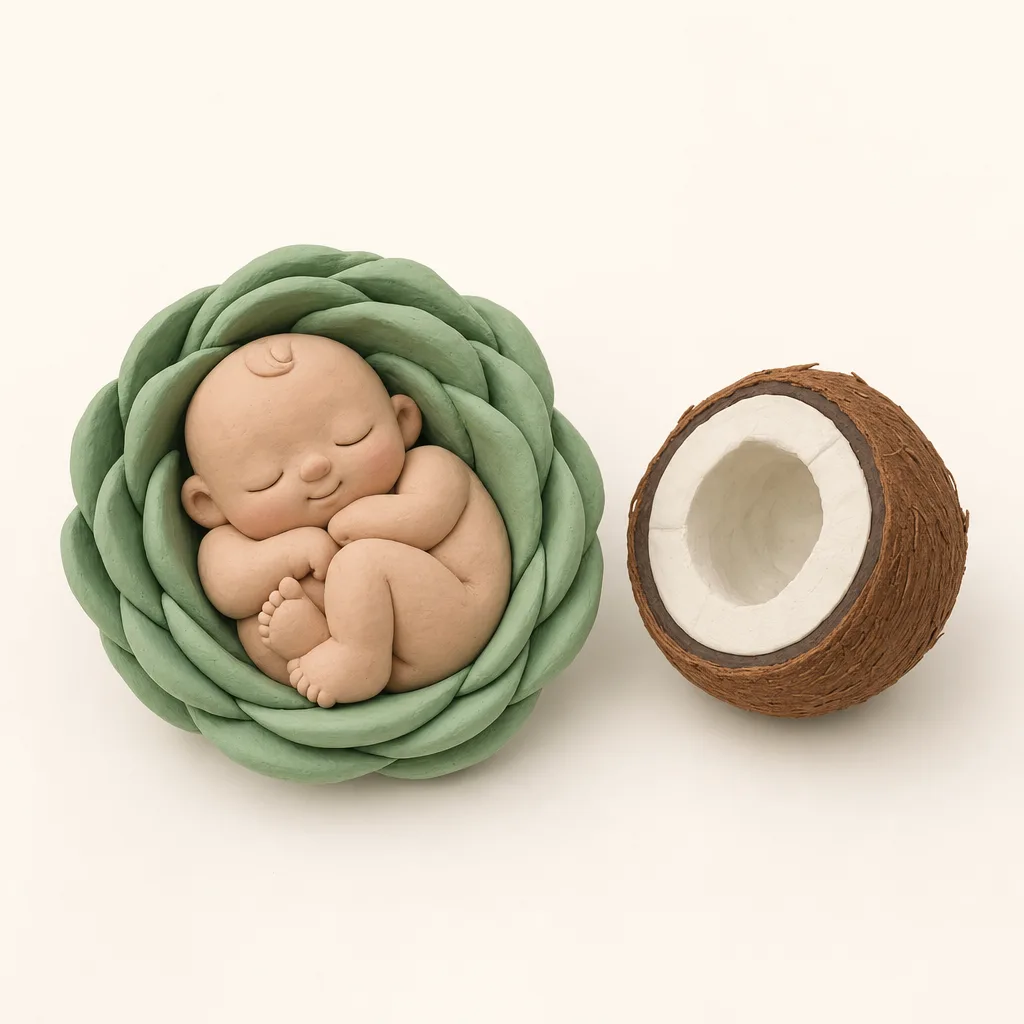 Klei-illustratie van een baby van 31 weken, opgekruld in een zachte groene omhulling, met een kokosnoot ernaast als groottevergelijking.