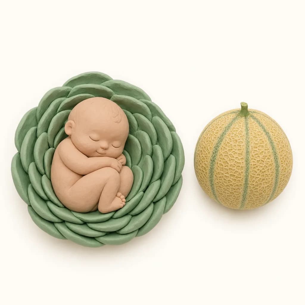 Klei-illustratie van een baby van 33 weken, opgekruld in een zachte groene omhulling, met een galiameloen ernaast als groottevergelijking.