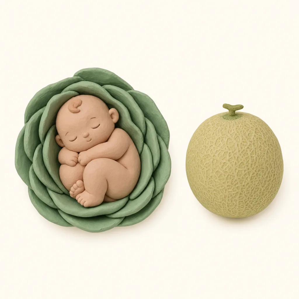 Klei-illustratie van een baby van 35 weken, opgekruld in een zachte groene omhulling, met een honingmeloen ernaast als groottevergelijking.