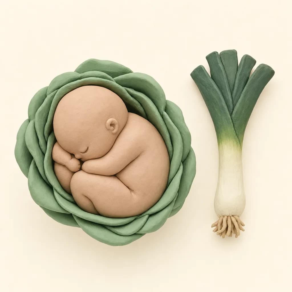Klei-illustratie van een baby van 37 weken, opgekruld in een zachte groene omhulling, met een prei ernaast als groottevergelijking.
