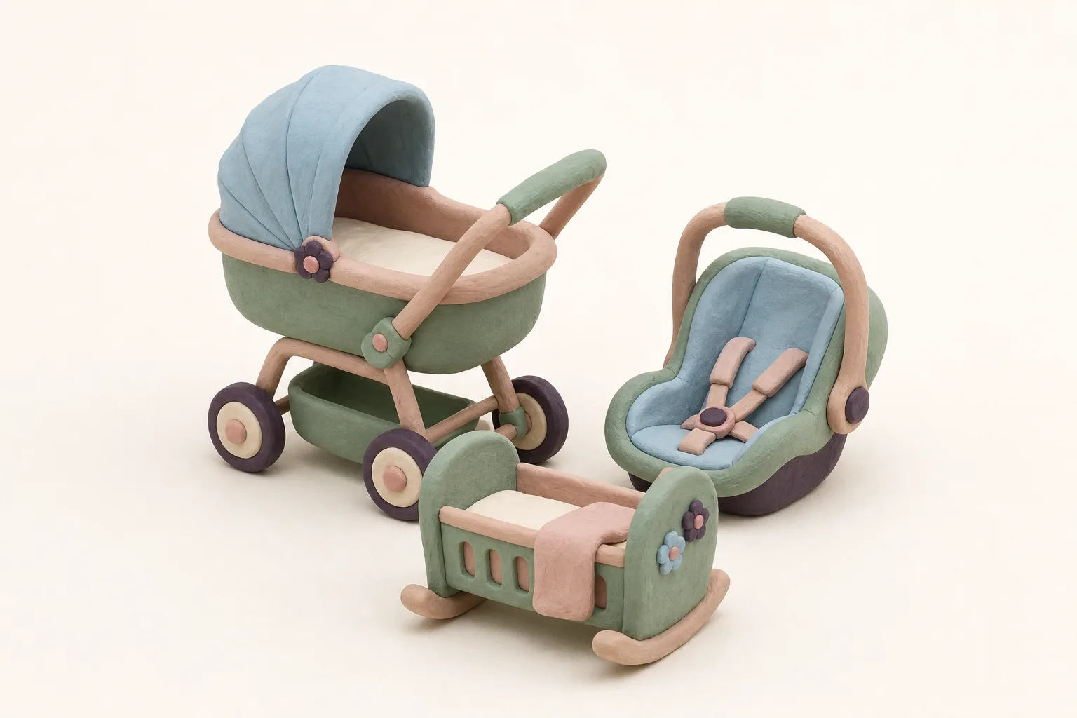 Klei-illustratie van een kinderwagen, een autostoeltje en een wiegje als setje