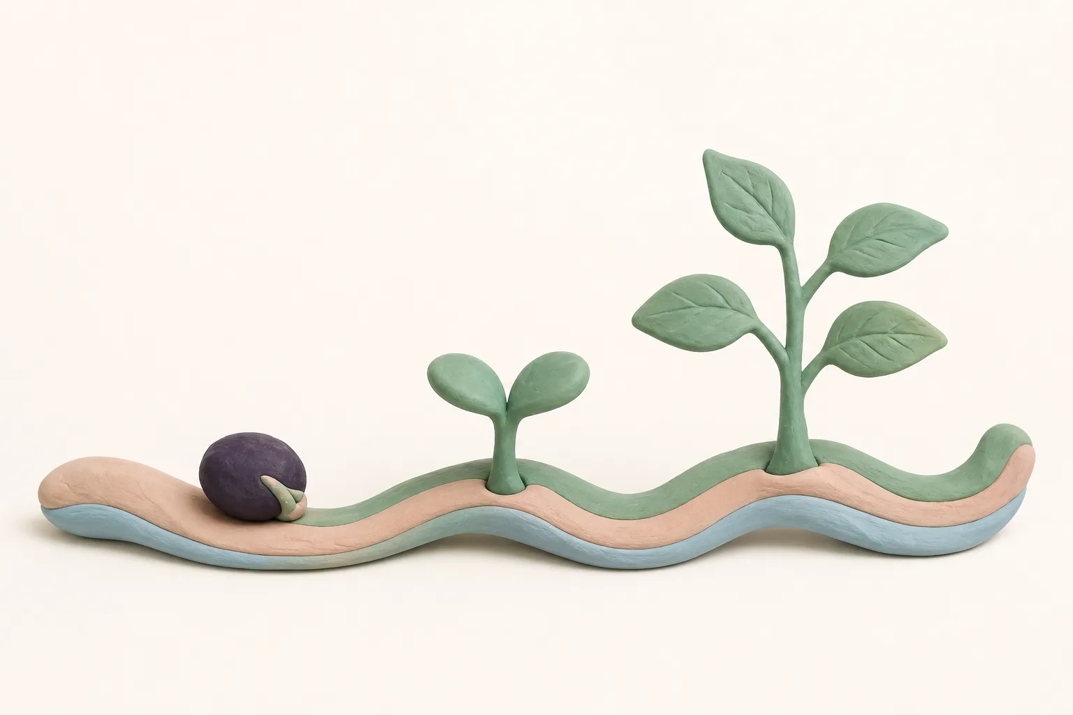 Klei-illustratie van een zaadje, een kiemplantje en een jong plantje langs een gebogen lint