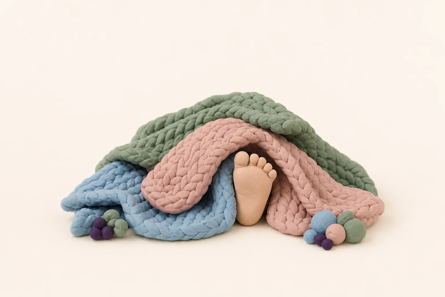 Klei-illustratie van een gebreide deken waar een klein babyvoetje van onderaf tegenaan duwt