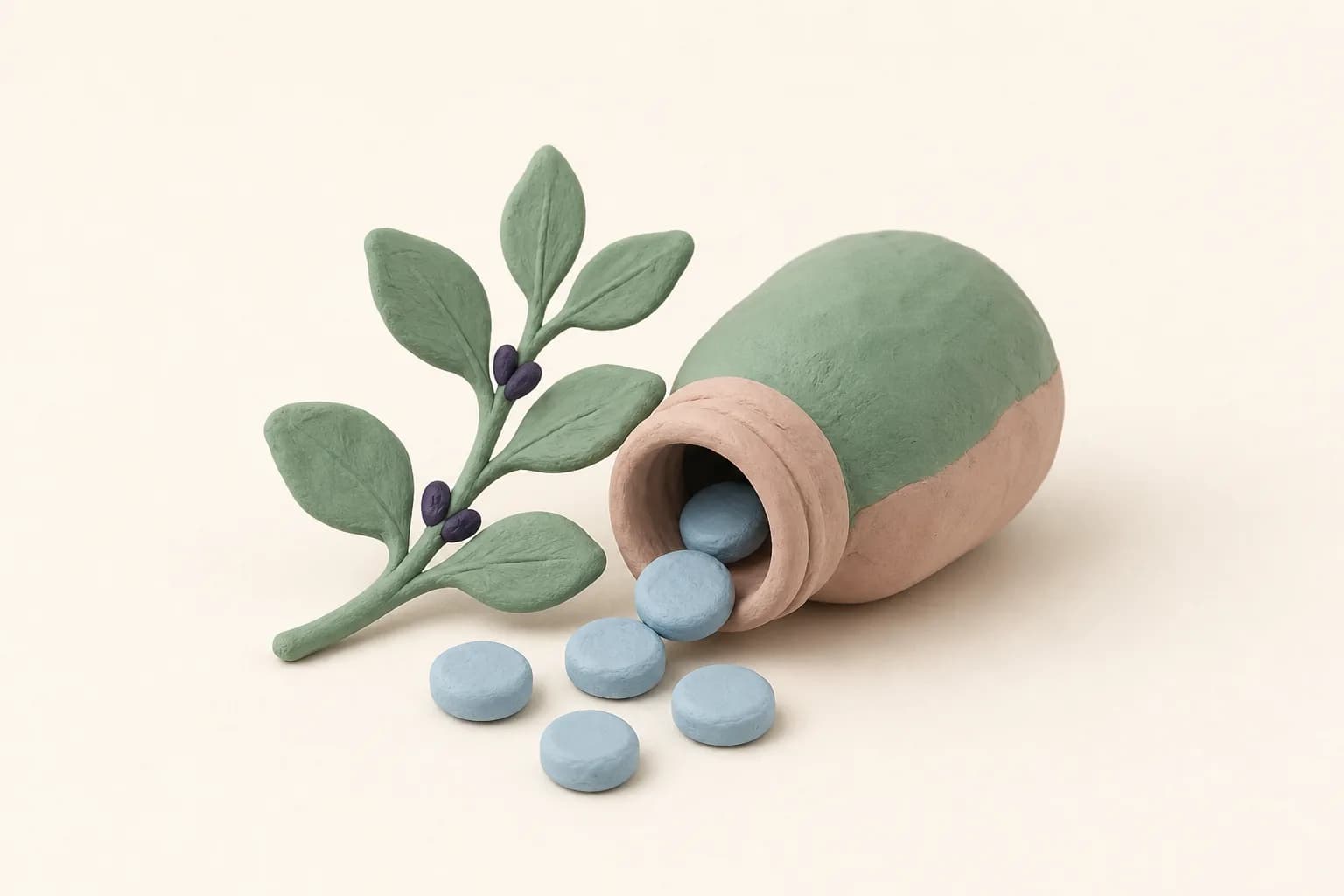 Klei-illustratie van een potje met tabletten die eruit rollen en een groen takje ernaast