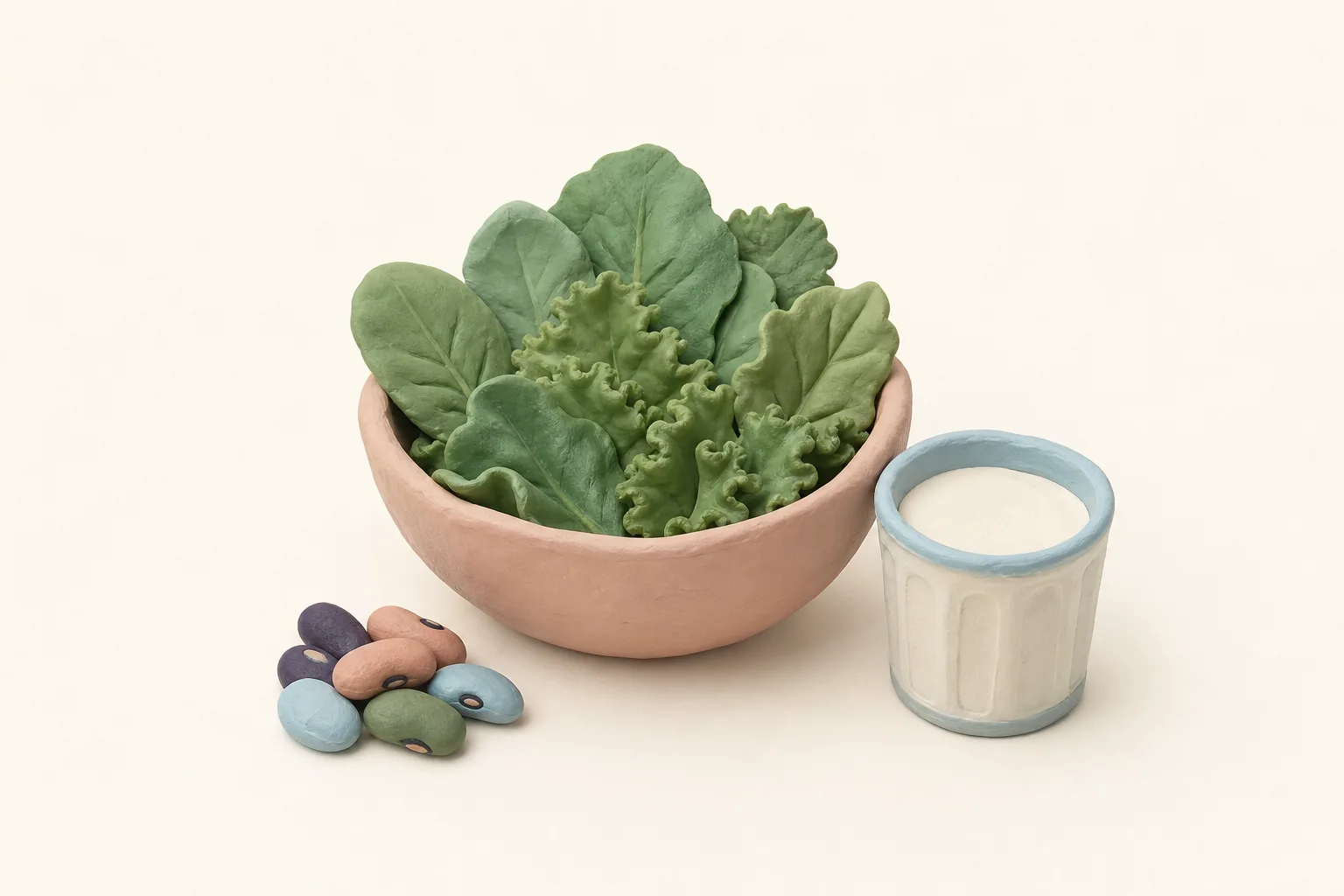 Klei-illustratie van een schaal bladgroente, een glas melk en een handje bonen