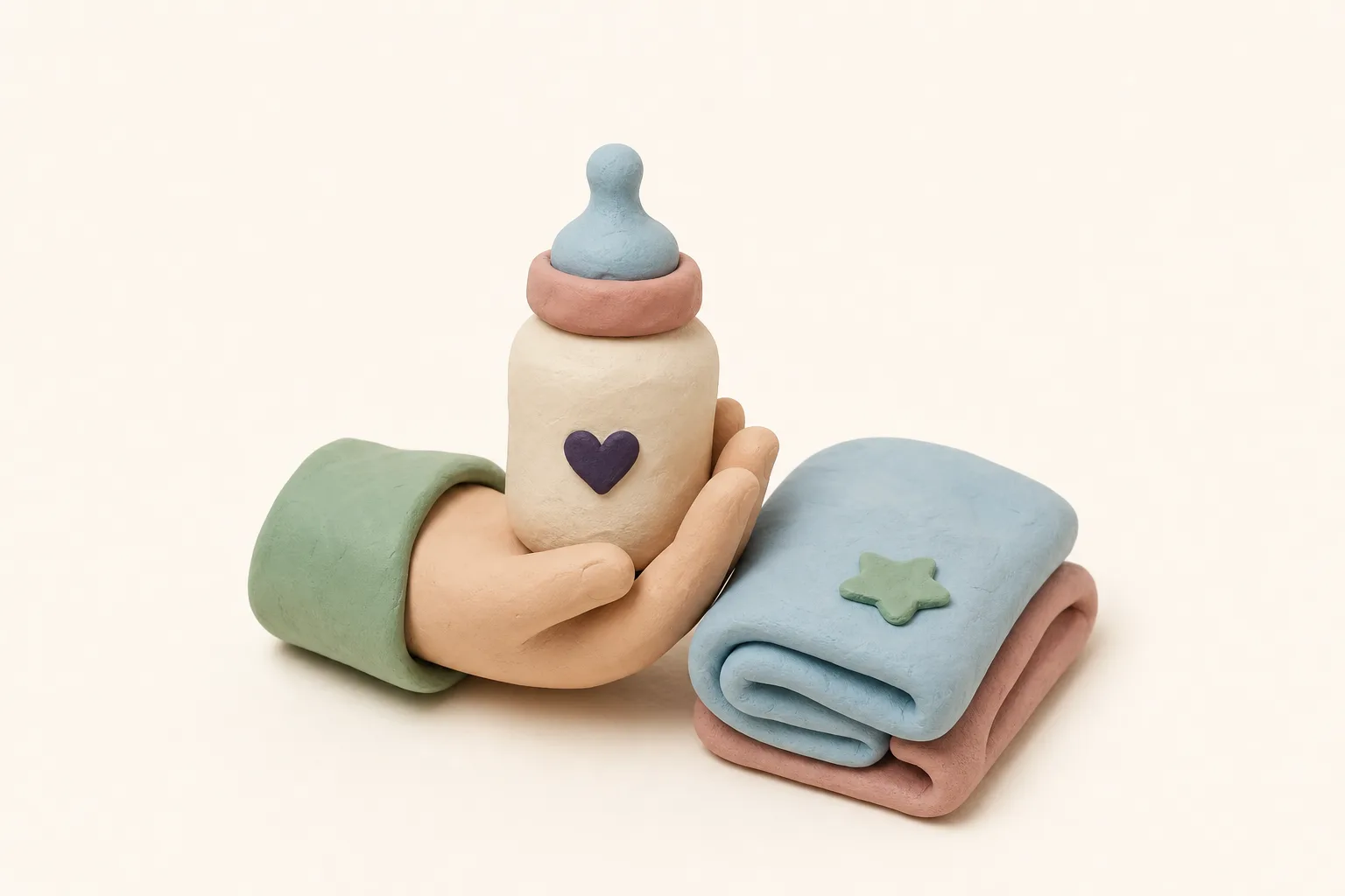 Klei-illustratie van een hand met een babyflesje en een opgevouwen handdoek ernaast