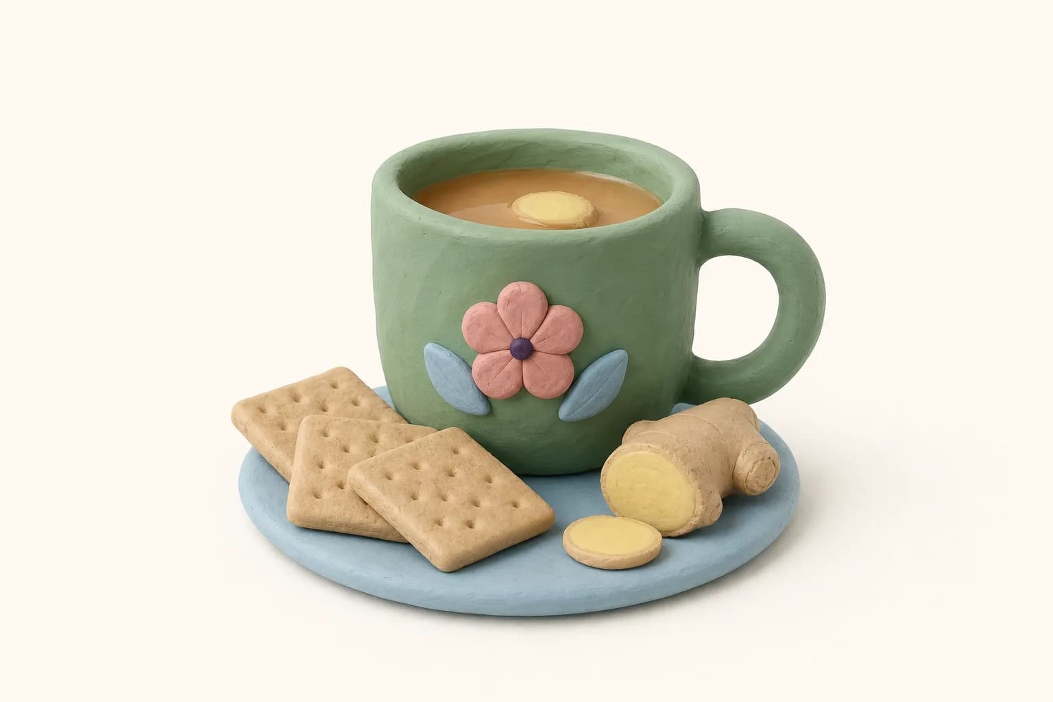 Klei-illustratie van een mok gemberthee met crackers en een schijfje gember