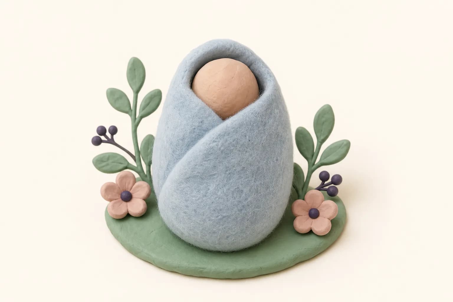 Klei-illustratie van een ingebakerd bundeltje in een zachte doek met donzige textuur