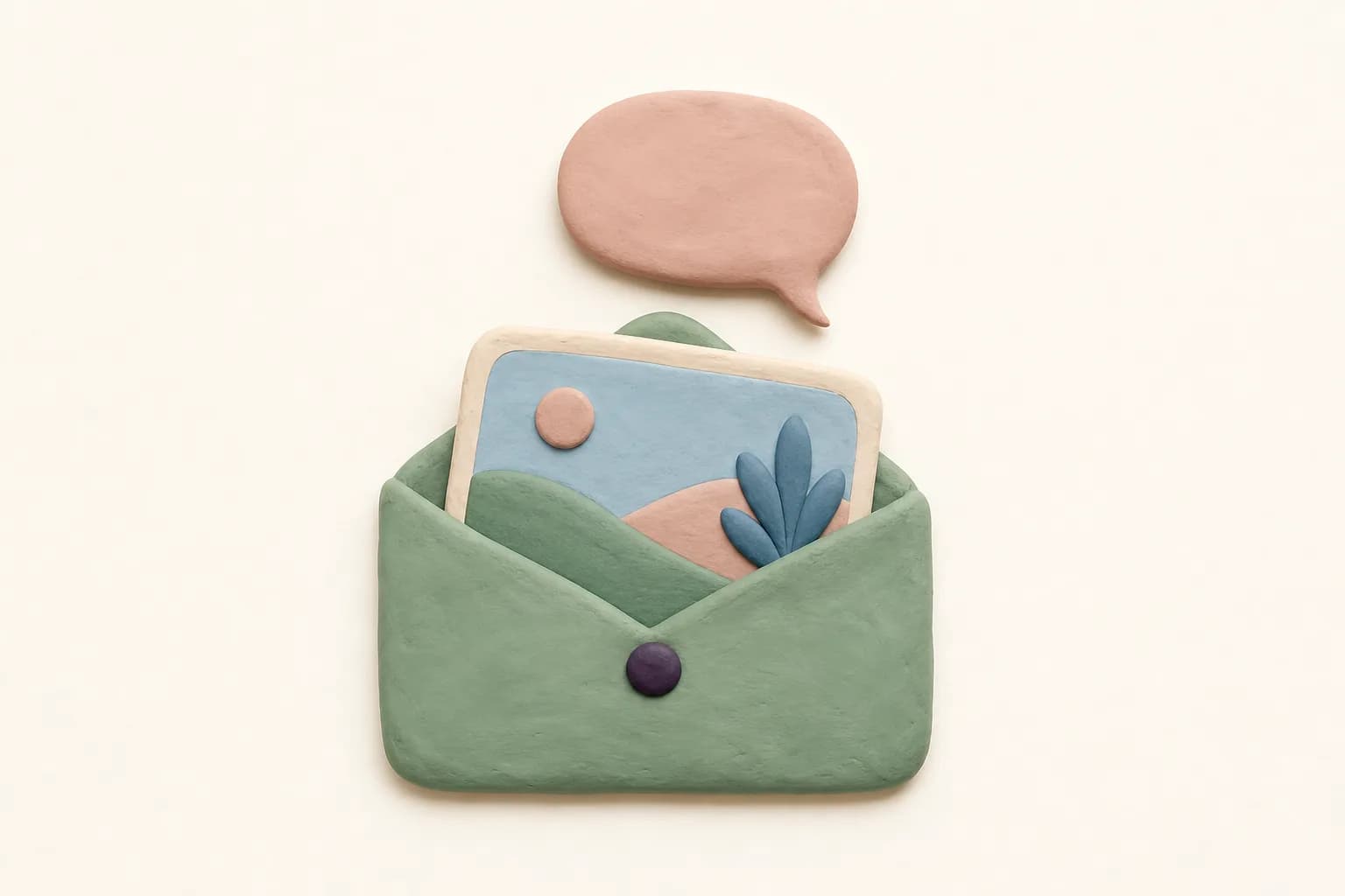 Klei-illustratie van een envelop met een fotokaartje erin en een tekstballonnetje erboven