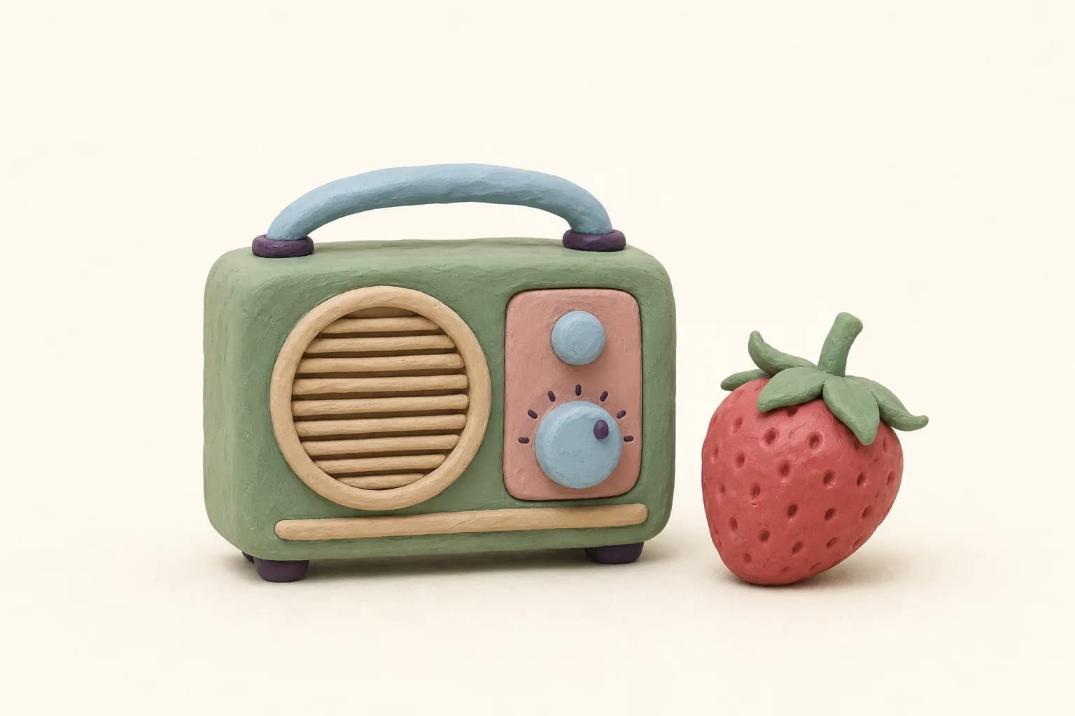 Klei-illustratie van een klein radiootje naast een rijpe aardbei