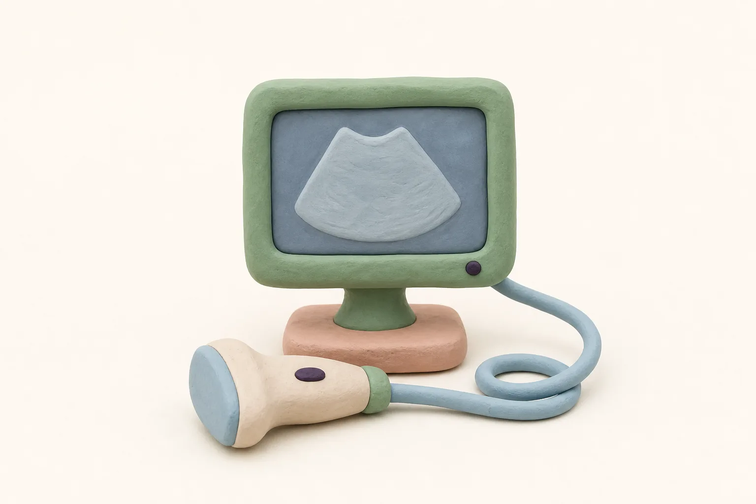 Klei-illustratie van een echo-probe naast een kleine monitor met een zachte ronde vorm op het scherm