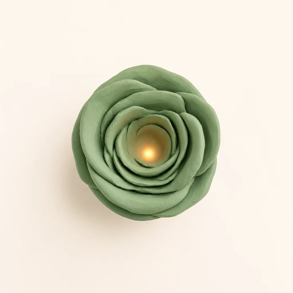 Klei-illustratie bij week 1 van de zwangerschap: een zacht gloeiend beginnetje in een groene omhulling.