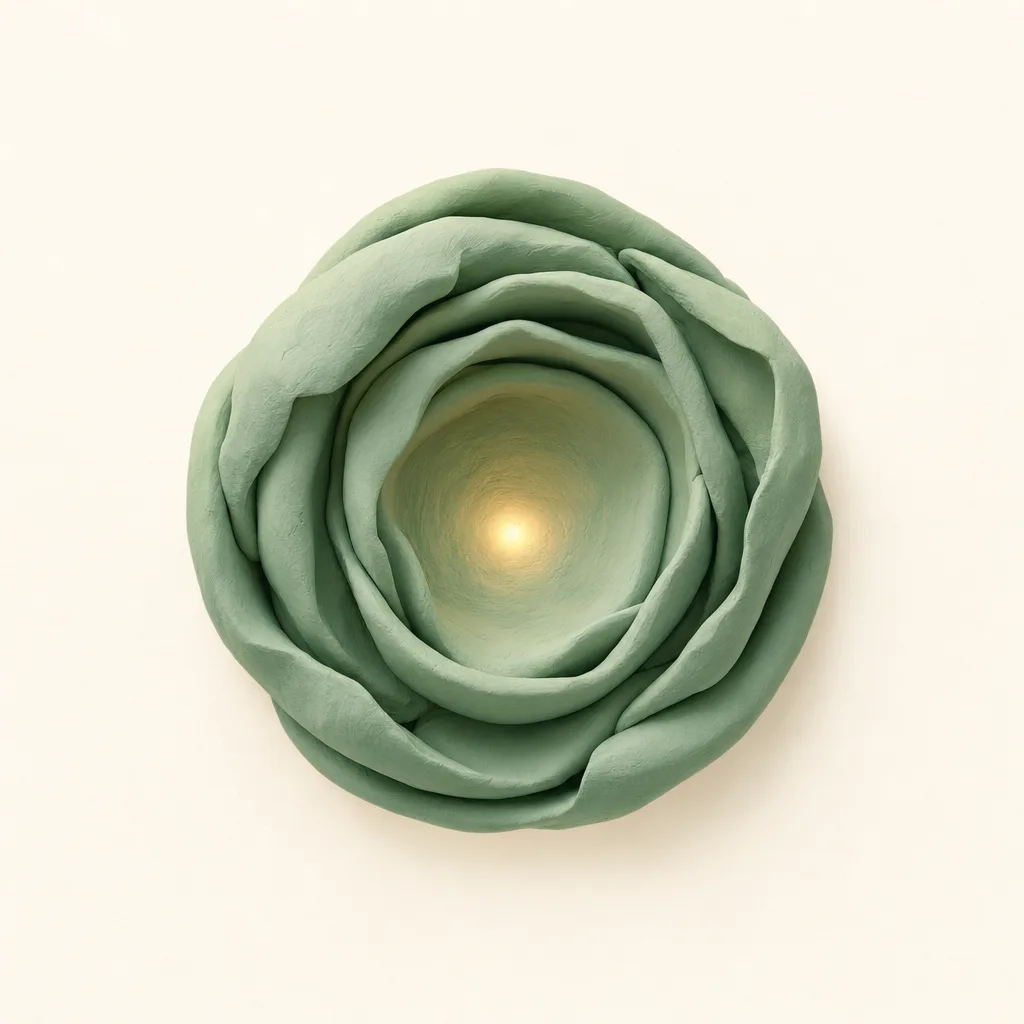 Klei-illustratie bij week 2 van de zwangerschap: een zacht gloeiend beginnetje in een groene omhulling.