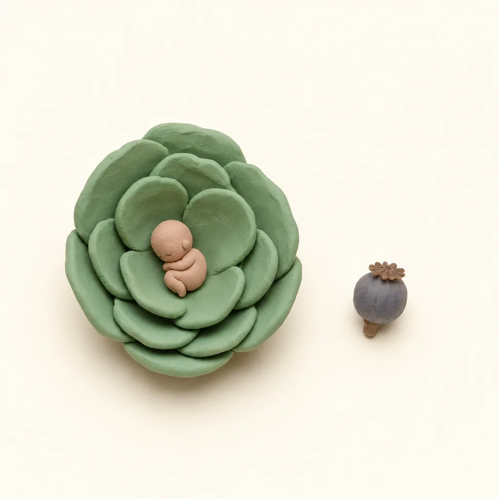 Klei-illustratie van een baby van 4 weken, opgekruld in een zachte groene omhulling, met een maanzaadje ernaast als groottevergelijking.