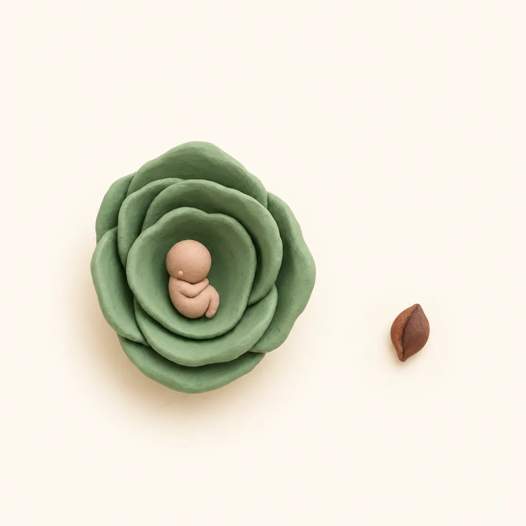 Klei-illustratie van een baby van 5 weken, opgekruld in een zachte groene omhulling, met een appelpit ernaast als groottevergelijking.