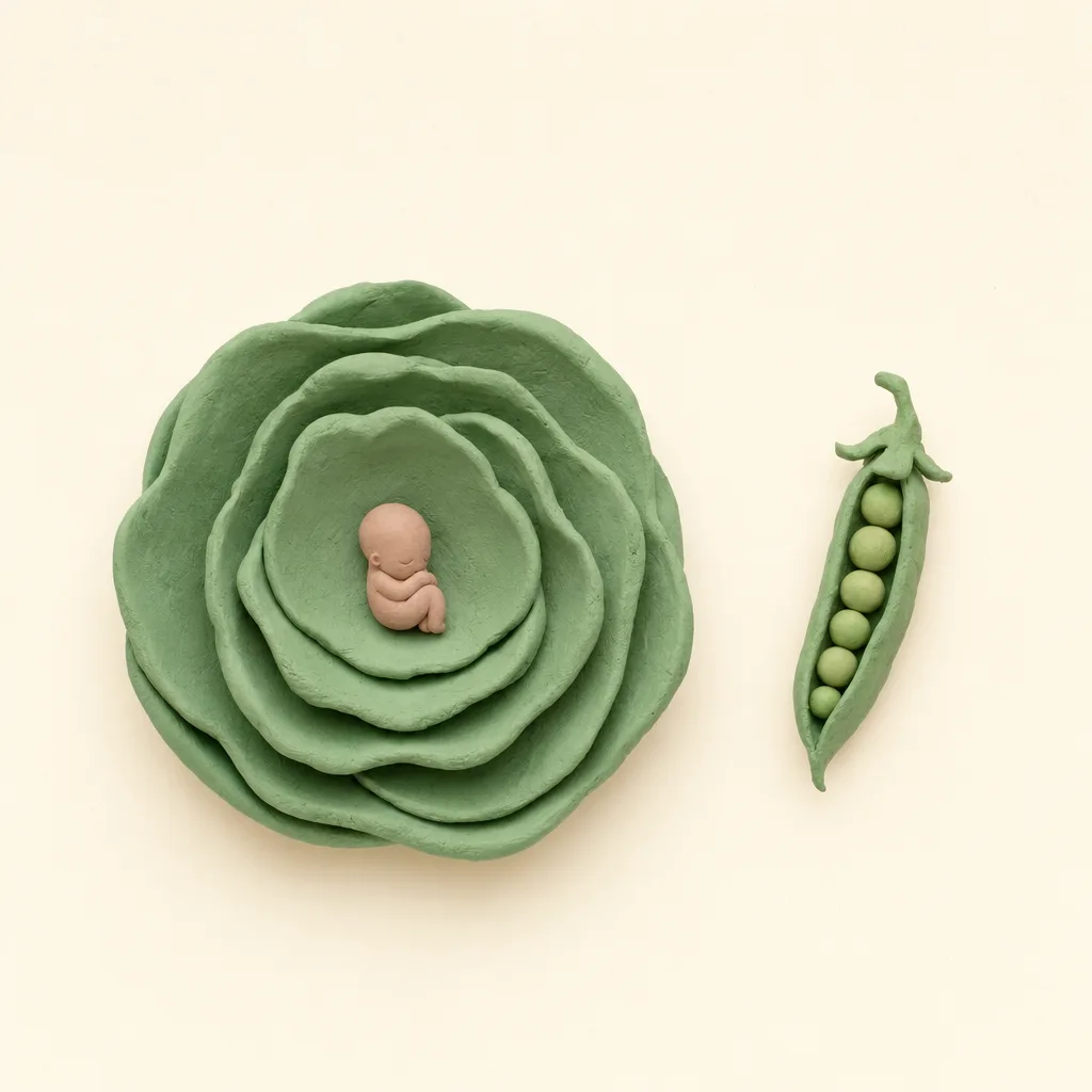 Klei-illustratie van een baby van 6 weken, opgekruld in een zachte groene omhulling, met een zoete erwt ernaast als groottevergelijking.