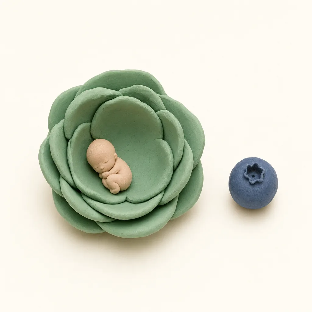 Klei-illustratie van een baby van 7 weken, opgekruld in een zachte groene omhulling, met een blauwe bes ernaast als groottevergelijking.