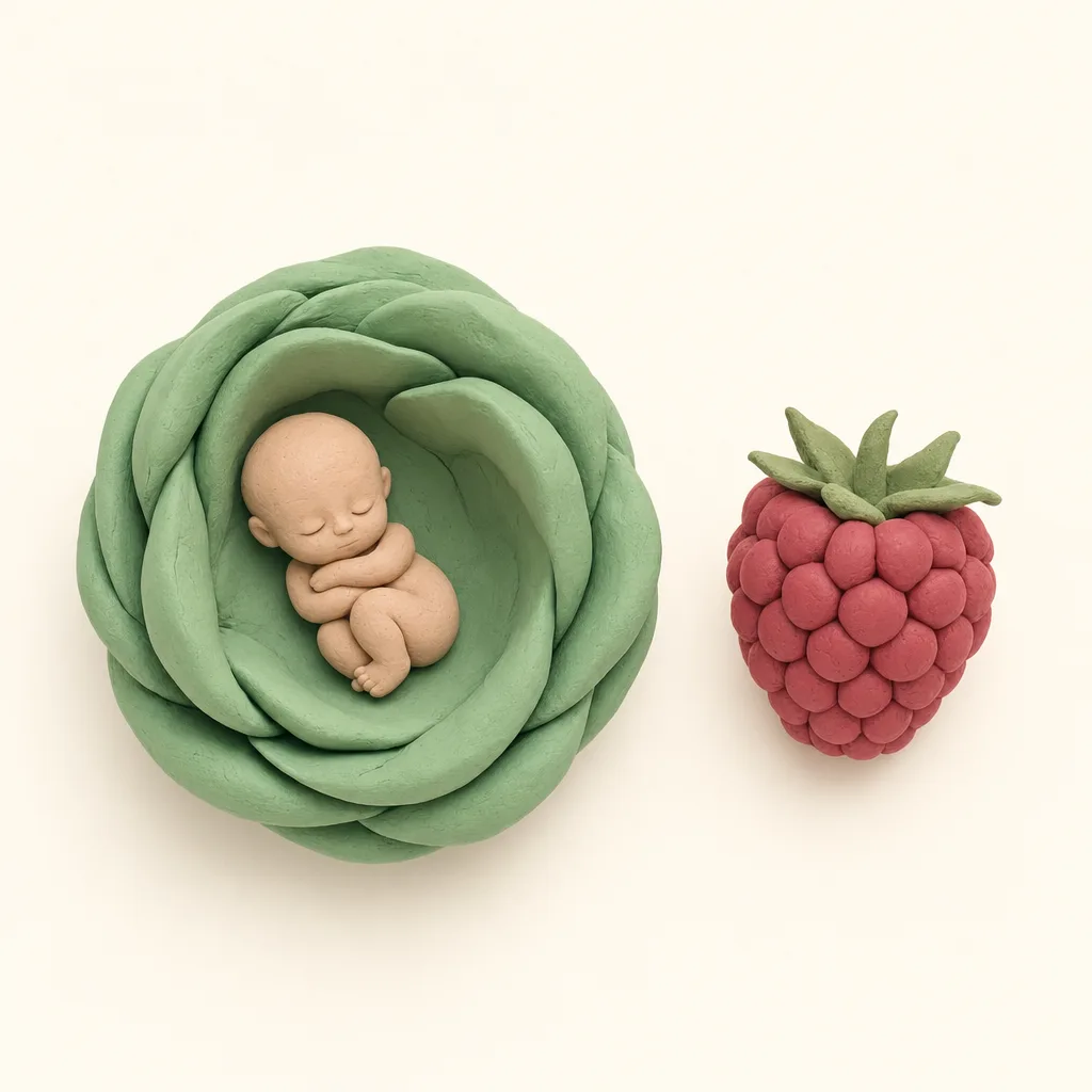 Klei-illustratie van een baby van 8 weken, opgekruld in een zachte groene omhulling, met een framboos ernaast als groottevergelijking.