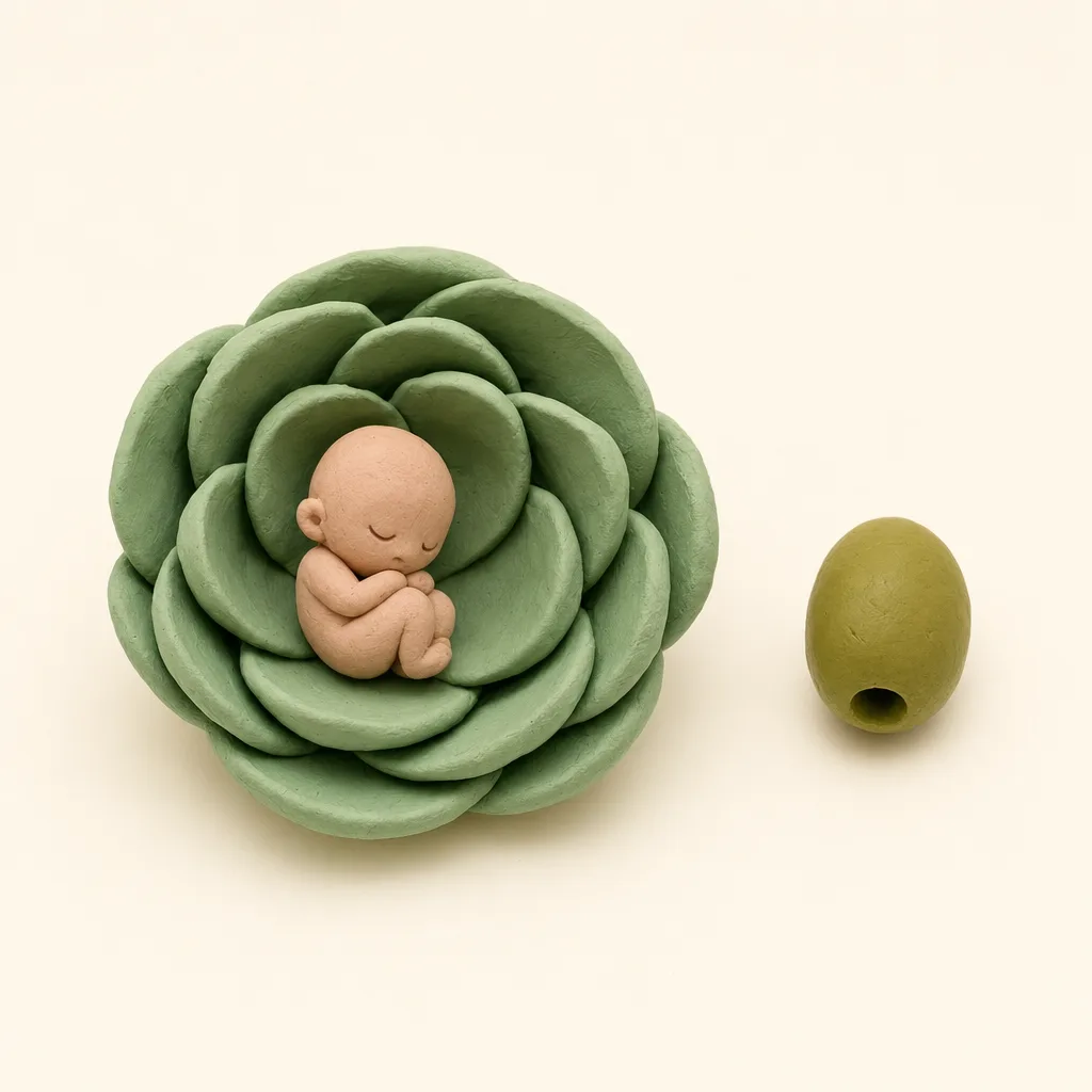 Klei-illustratie van een baby van 9 weken, opgekruld in een zachte groene omhulling, met een groene olijf ernaast als groottevergelijking.