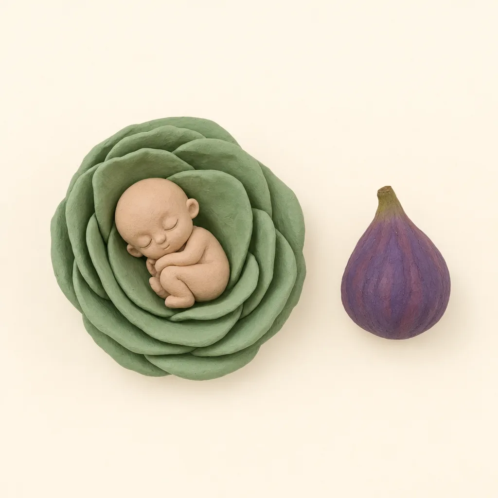 Klei-illustratie van een baby van 11 weken, opgekruld in een zachte groene omhulling, met een vijg ernaast als groottevergelijking.
