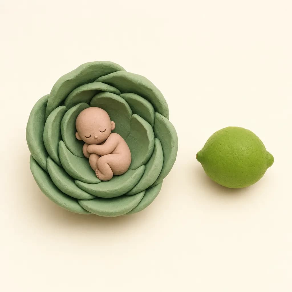 Klei-illustratie van een baby van 12 weken, opgekruld in een zachte groene omhulling, met een limoen ernaast als groottevergelijking.
