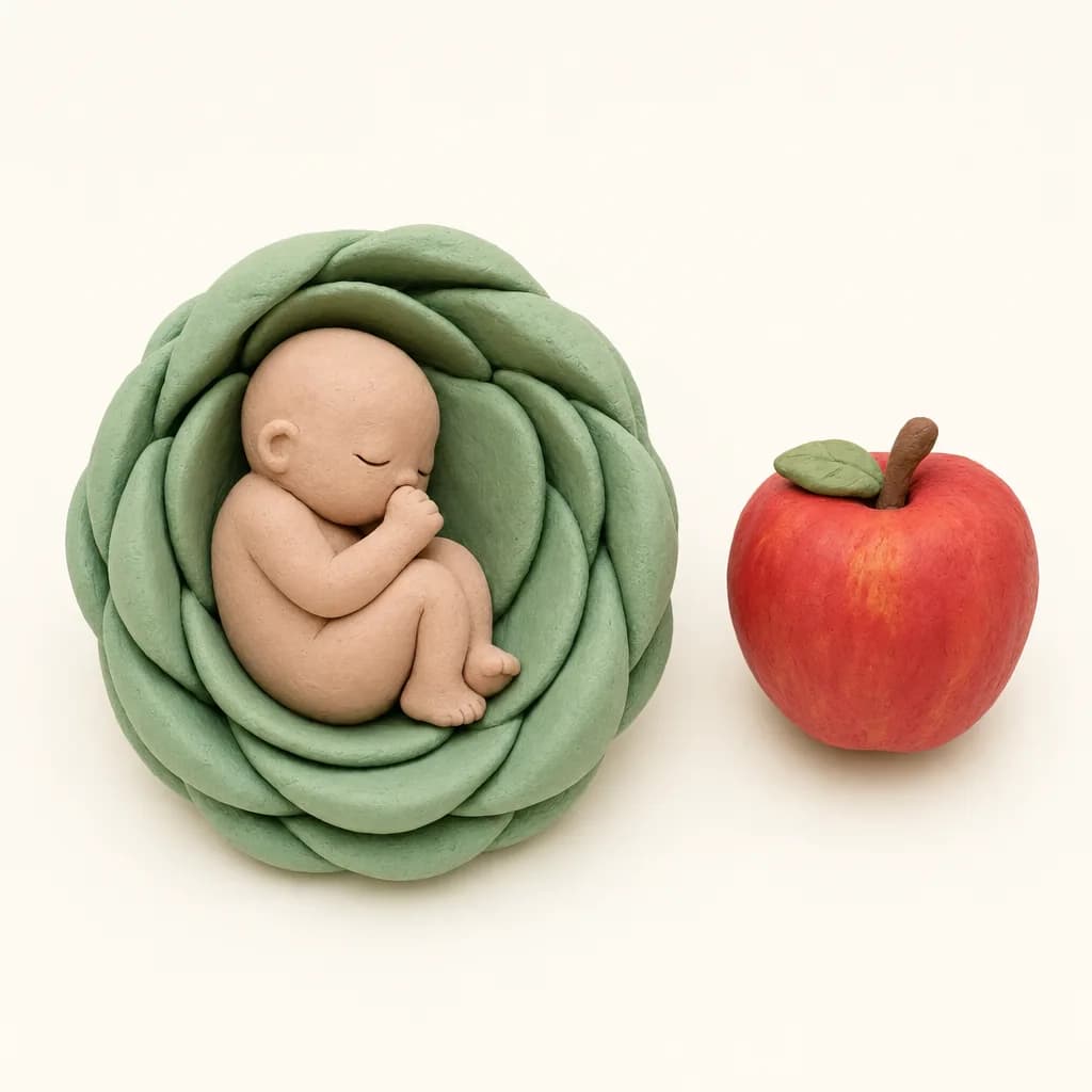 Klei-illustratie van een baby van 15 weken, opgekruld in een zachte groene omhulling, met een appel ernaast als groottevergelijking.