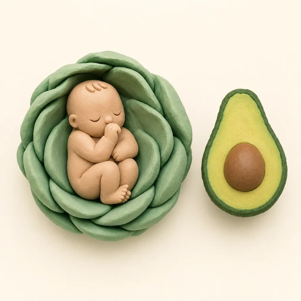 Klei-illustratie van een baby van 16 weken, opgekruld in een zachte groene omhulling, met een avocado ernaast als groottevergelijking.
