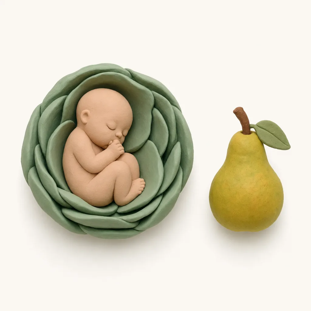 Klei-illustratie van een baby van 17 weken, opgekruld in een zachte groene omhulling, met een peer ernaast als groottevergelijking.