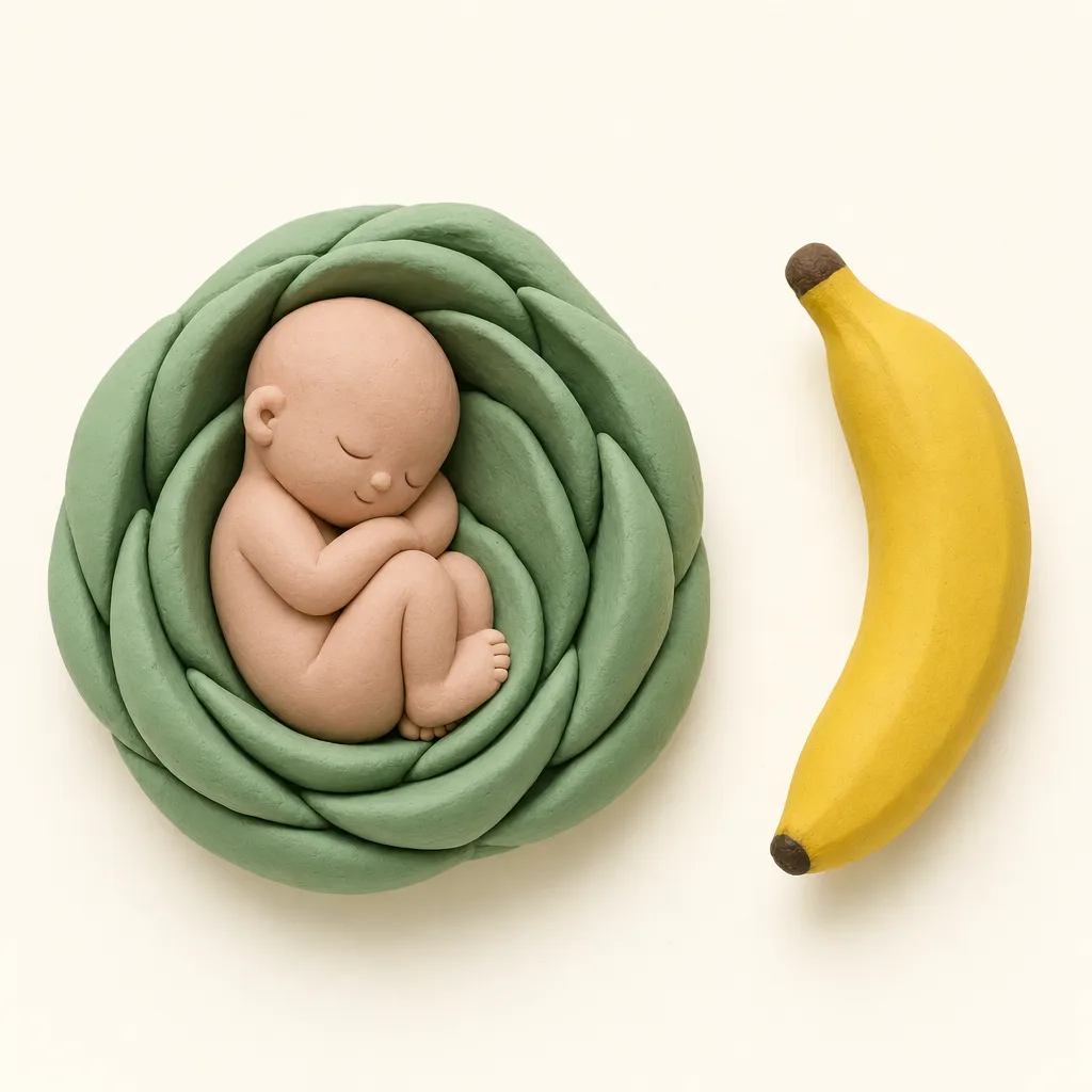 Klei-illustratie van een baby van 20 weken, opgekruld in een zachte groene omhulling, met een banaan ernaast als groottevergelijking.