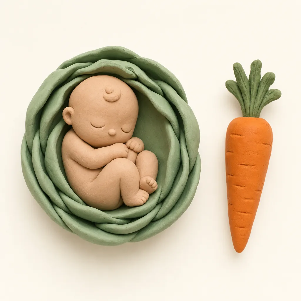 Klei-illustratie van een baby van 21 weken, opgekruld in een zachte groene omhulling, met een wortel ernaast als groottevergelijking.