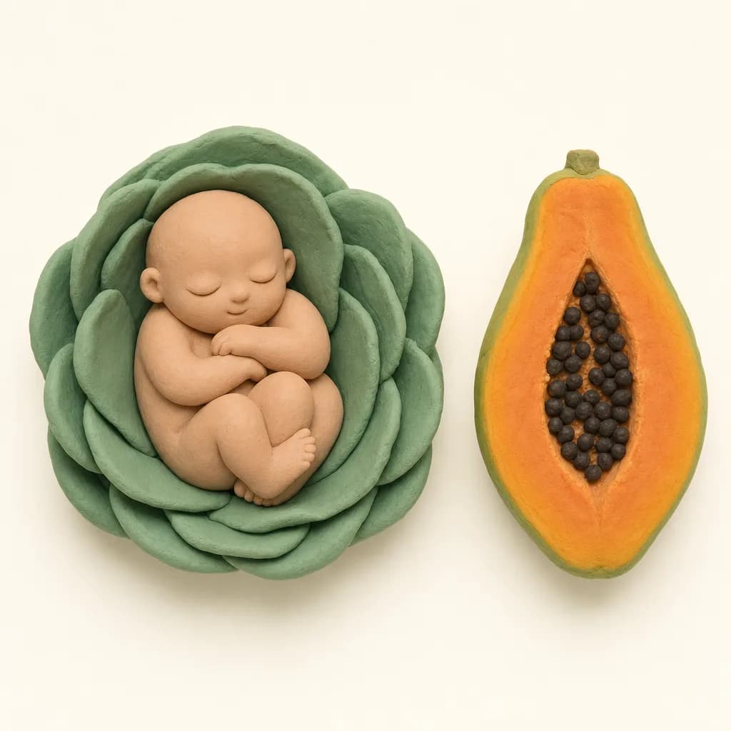 Klei-illustratie van een baby van 22 weken, opgekruld in een zachte groene omhulling, met een papaja ernaast als groottevergelijking.