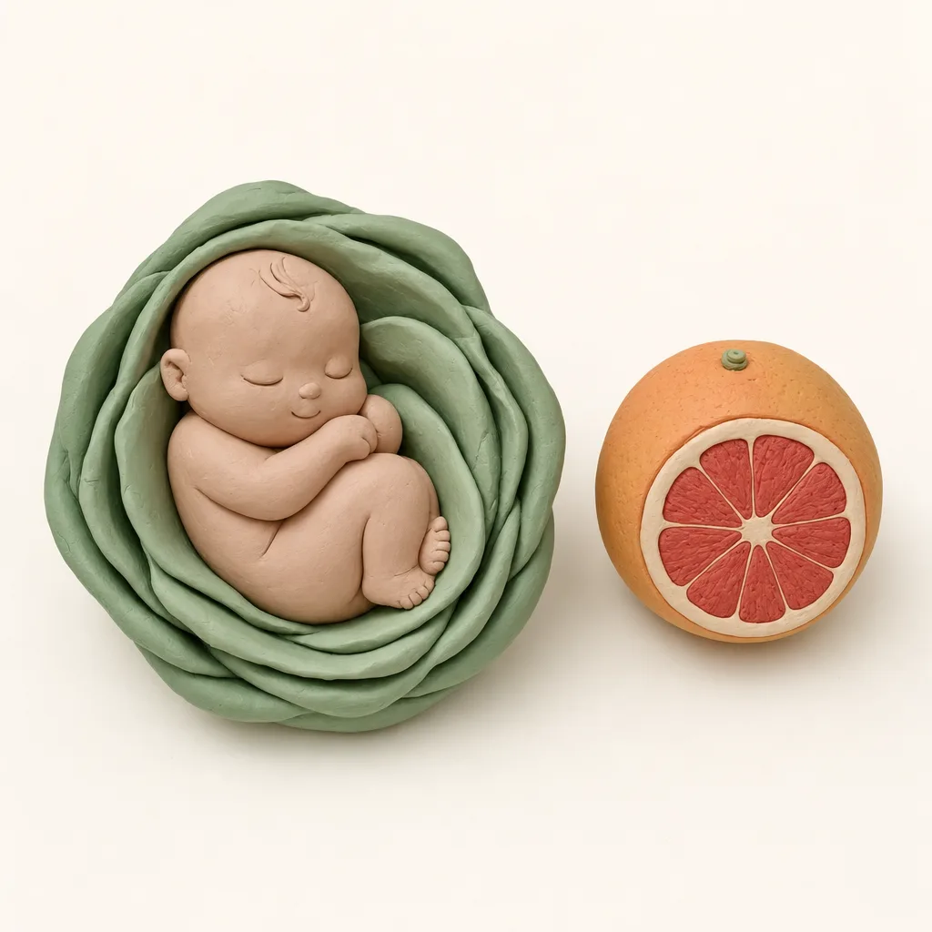 Klei-illustratie van een baby van 23 weken, opgekruld in een zachte groene omhulling, met een grapefruit ernaast als groottevergelijking.