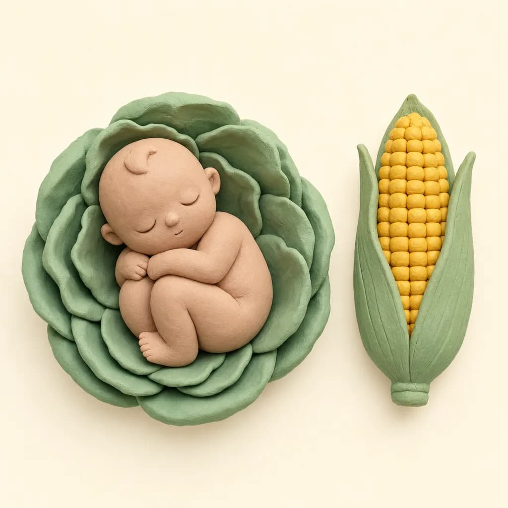 Klei-illustratie van een baby van 24 weken, opgekruld in een zachte groene omhulling, met een maiskolf ernaast als groottevergelijking.