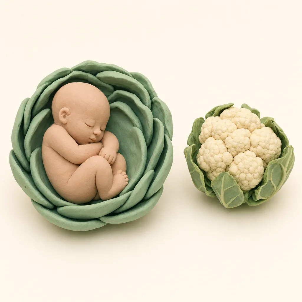 Klei-illustratie van een baby van 25 weken, opgekruld in een zachte groene omhulling, met een bloemkool ernaast als groottevergelijking.