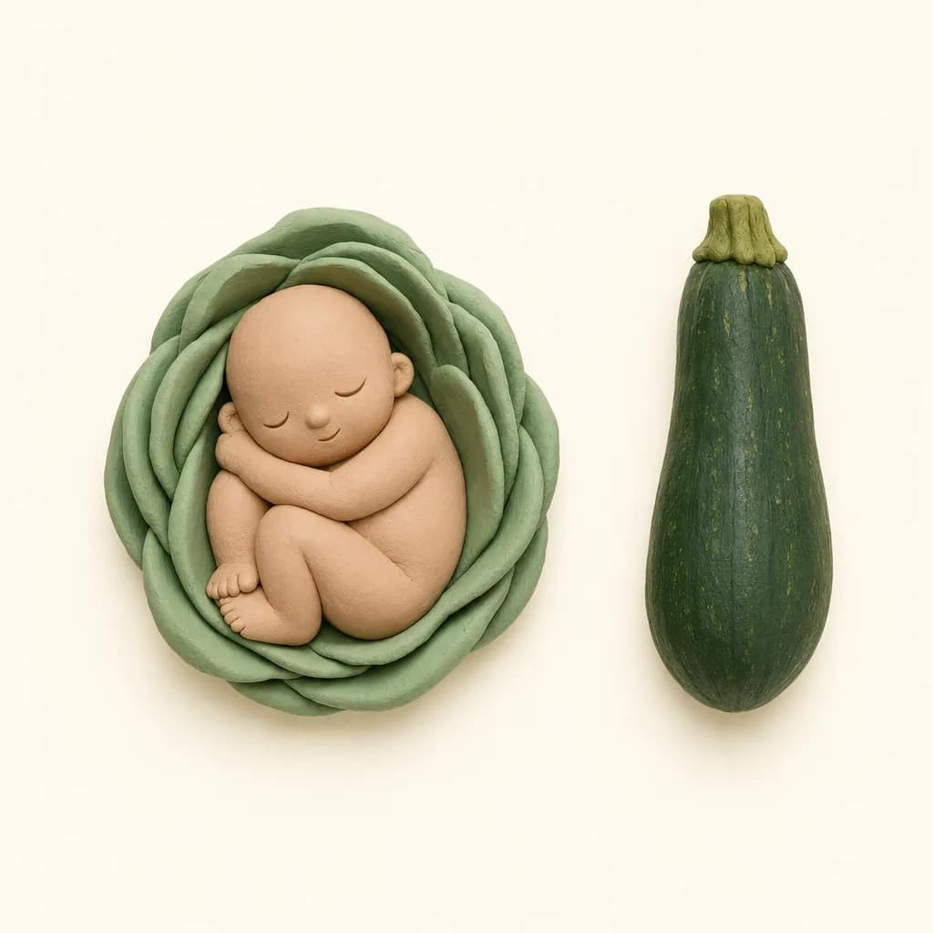 Klei-illustratie van een baby van 26 weken, opgekruld in een zachte groene omhulling, met een courgette ernaast als groottevergelijking.