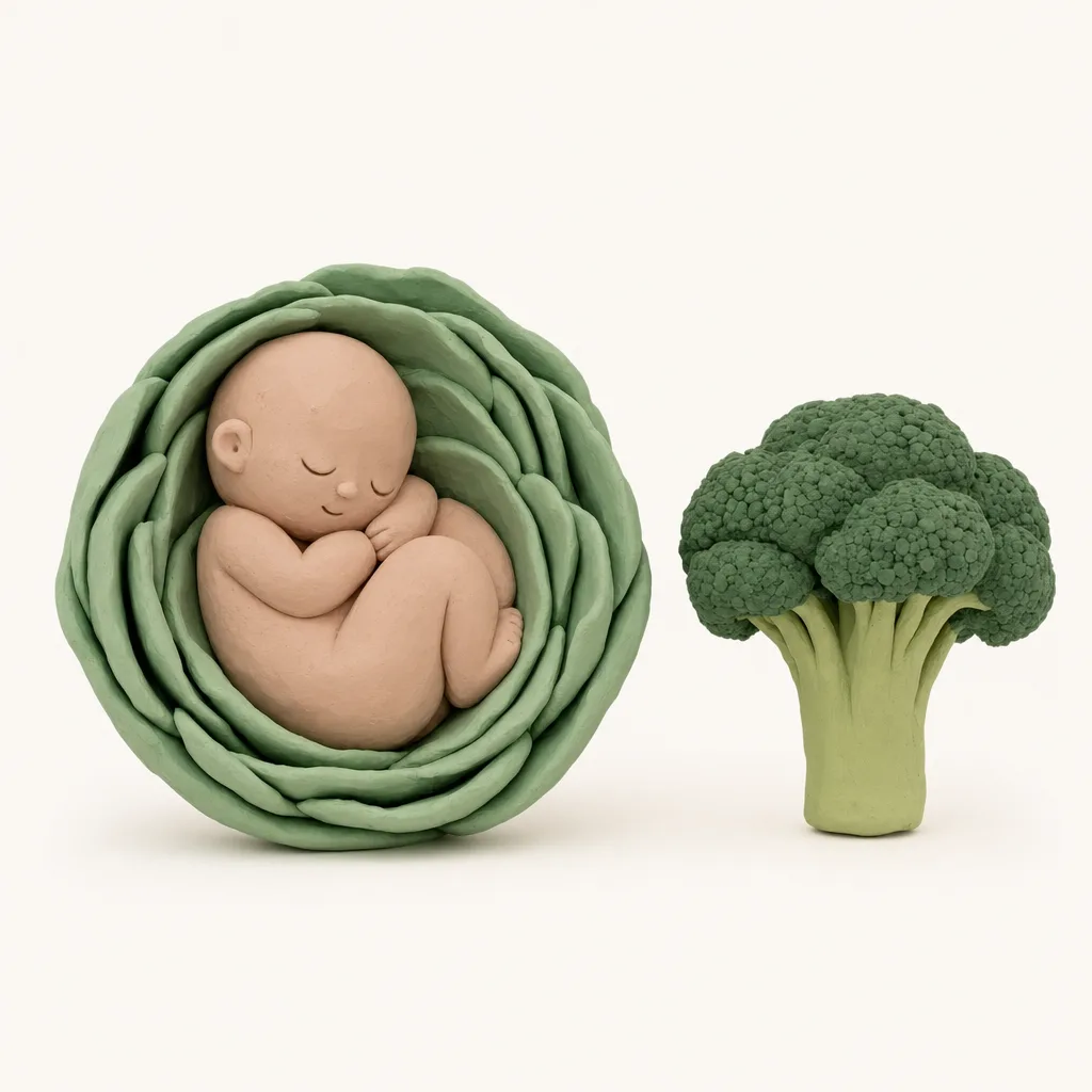 Klei-illustratie van een baby van 27 weken, opgekruld in een zachte groene omhulling, met een broccoli ernaast als groottevergelijking.