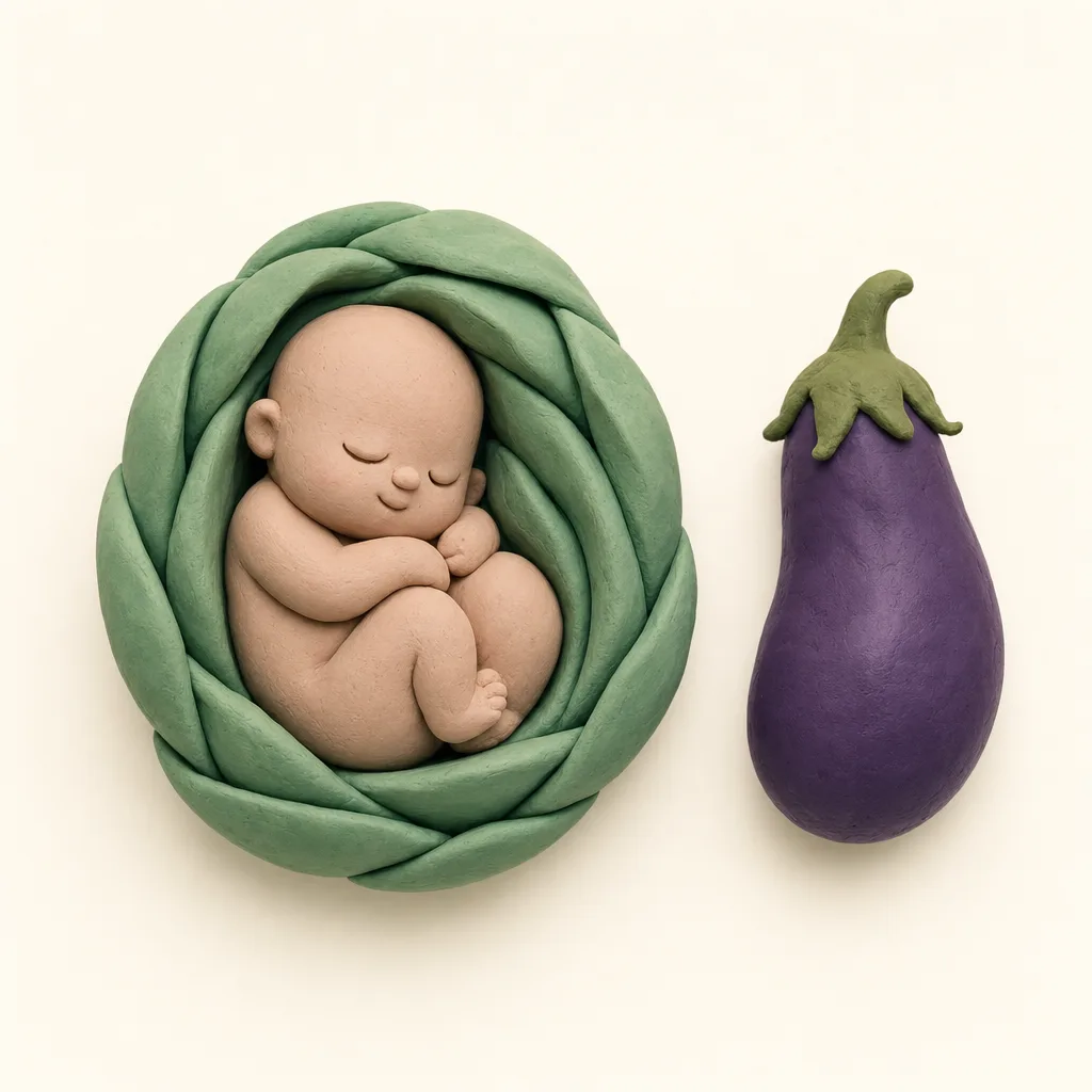 Klei-illustratie van een baby van 28 weken, opgekruld in een zachte groene omhulling, met een aubergine ernaast als groottevergelijking.