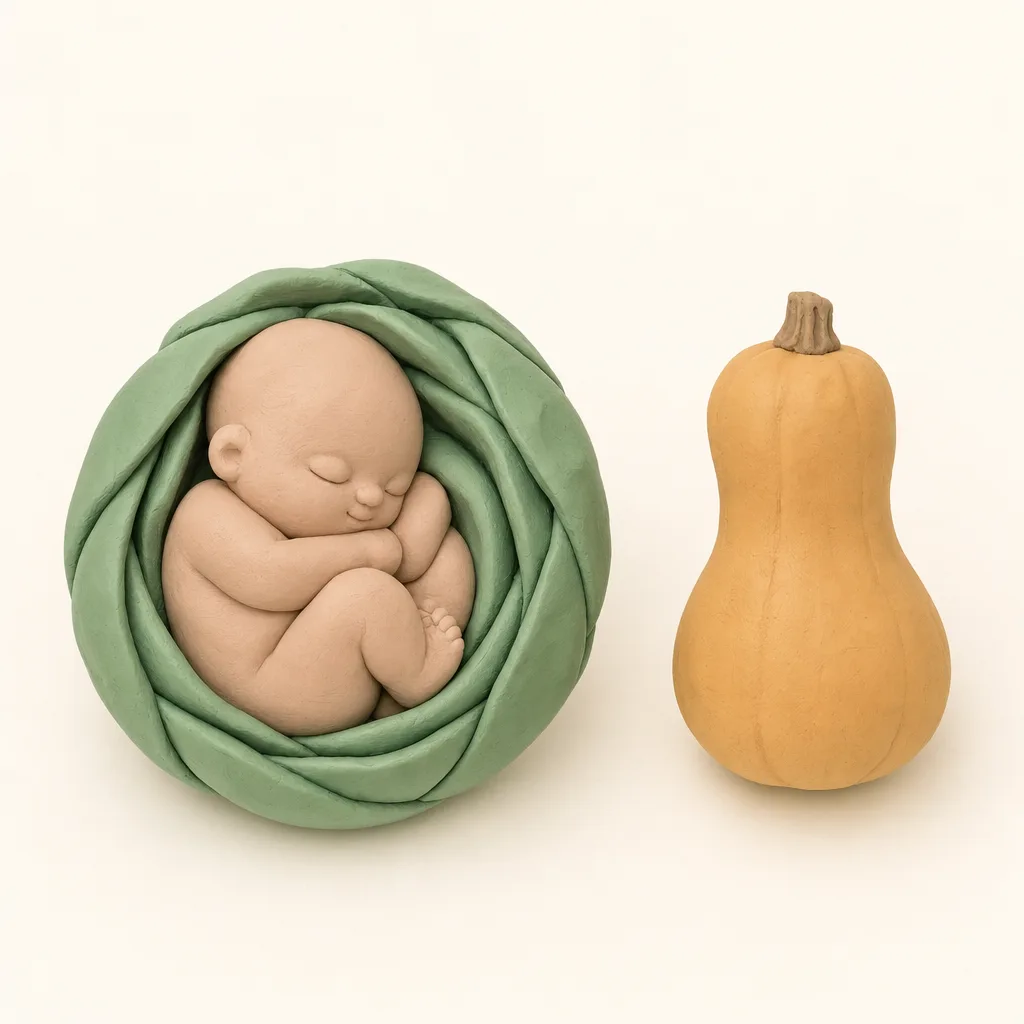 Klei-illustratie van een baby van 29 weken, opgekruld in een zachte groene omhulling, met een butternut pompoen ernaast als groottevergelijking.