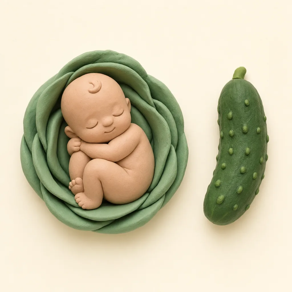 Klei-illustratie van een baby van 30 weken, opgekruld in een zachte groene omhulling, met een komkommer ernaast als groottevergelijking.