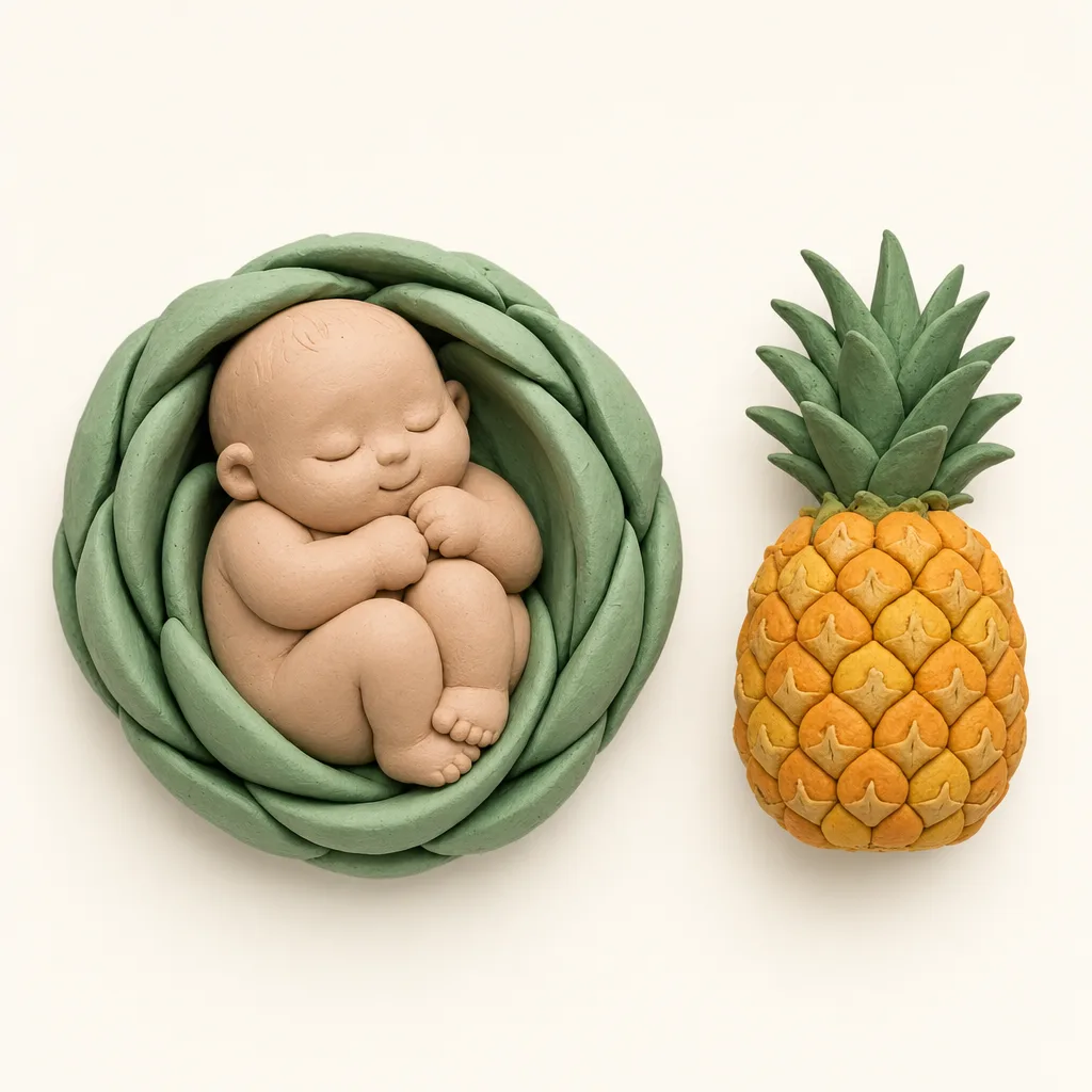 Klei-illustratie van een baby van 32 weken, opgekruld in een zachte groene omhulling, met een ananas ernaast als groottevergelijking.