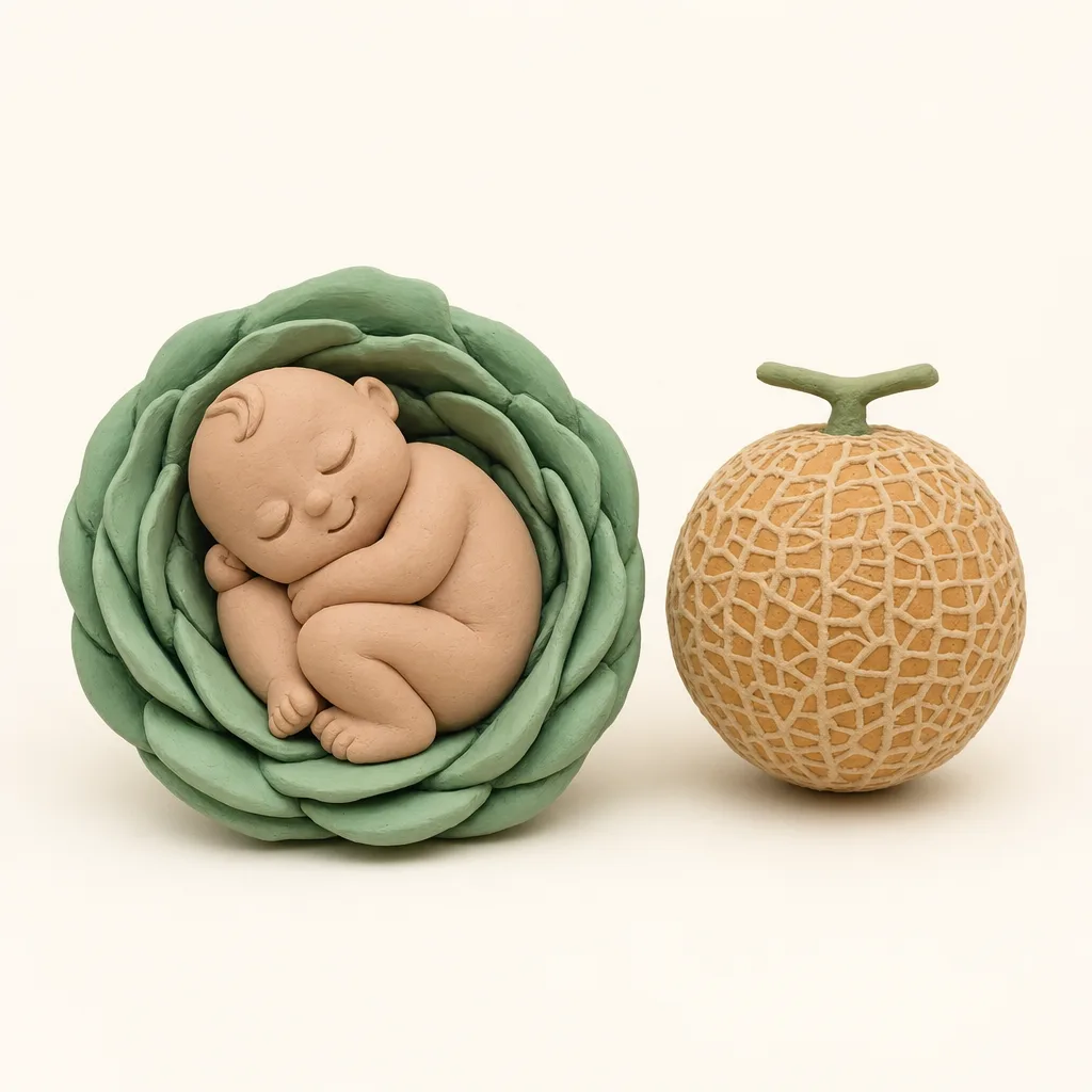 Klei-illustratie van een baby van 34 weken, opgekruld in een zachte groene omhulling, met een cantaloupemeloen ernaast als groottevergelijking.
